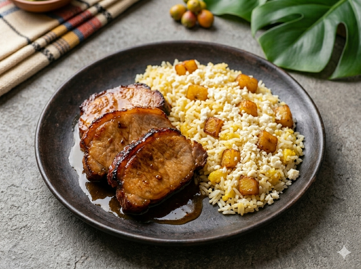 Lomo de cerdo acaramelado con Arroz Pajarito