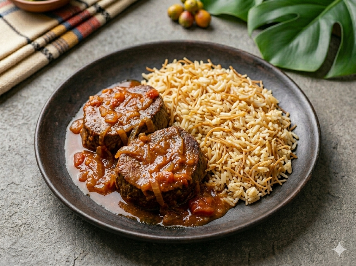 Carne Sudada con Arroz Blanco de Fideos